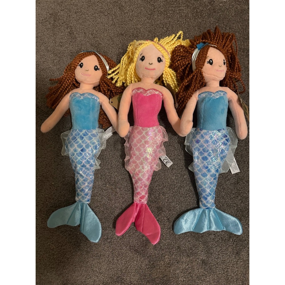 The Petting Zoo Mermaid Plush Doll Set of 3 Recycled Material Pink Blue